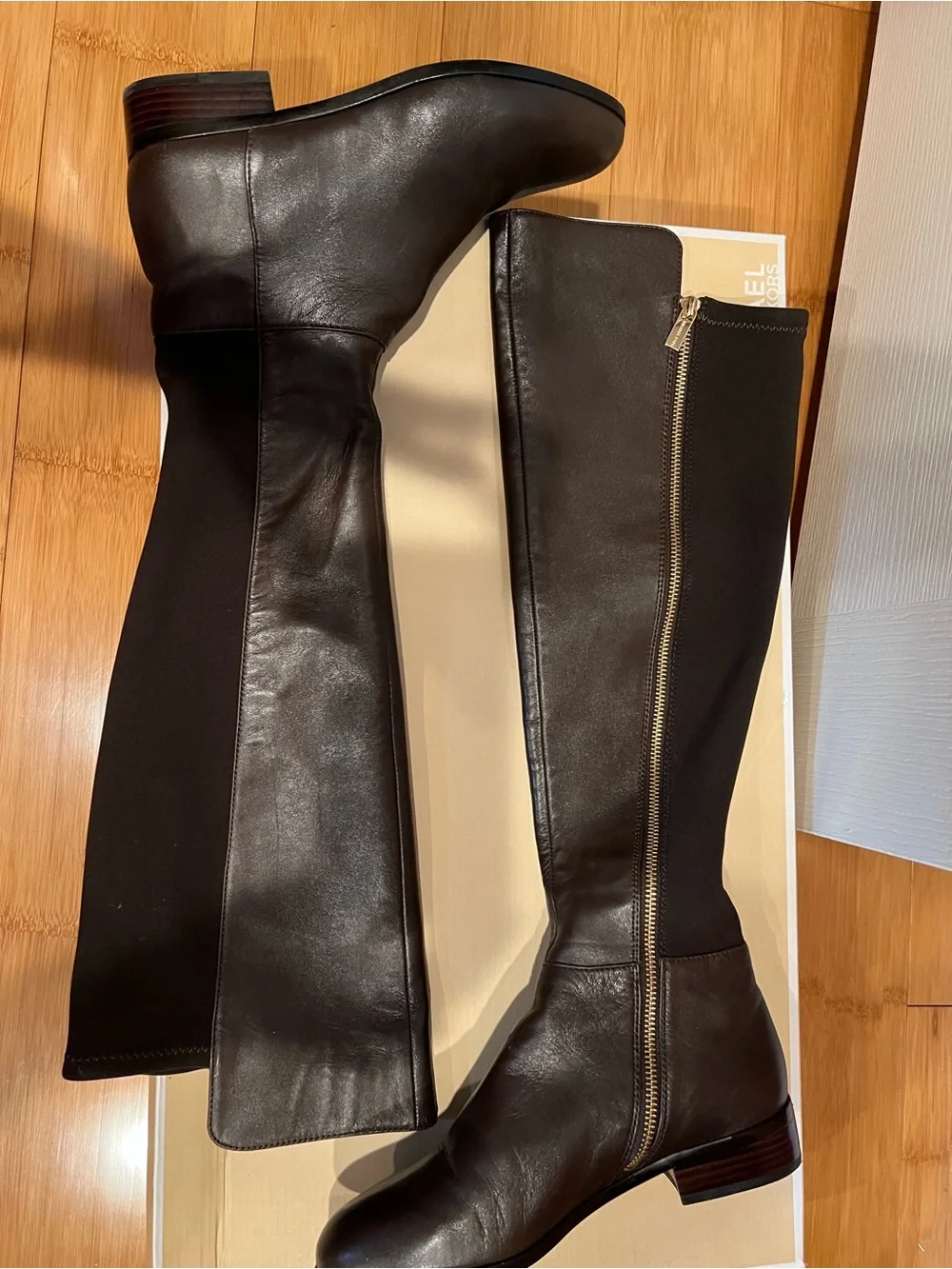 Michael Kors Dark Brown Leather Over-the-Knee Boots with Gold Zip